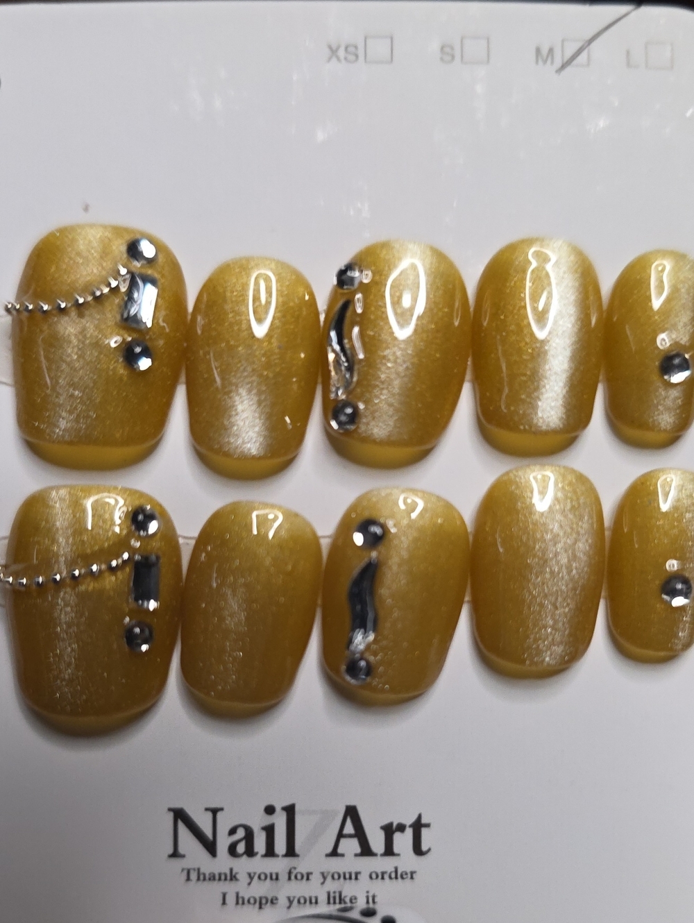 Gold Shimmery Rhinestone Press-On Nail Set Size Med